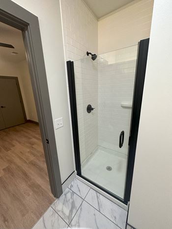 a large shower with a glass door in a bathroom